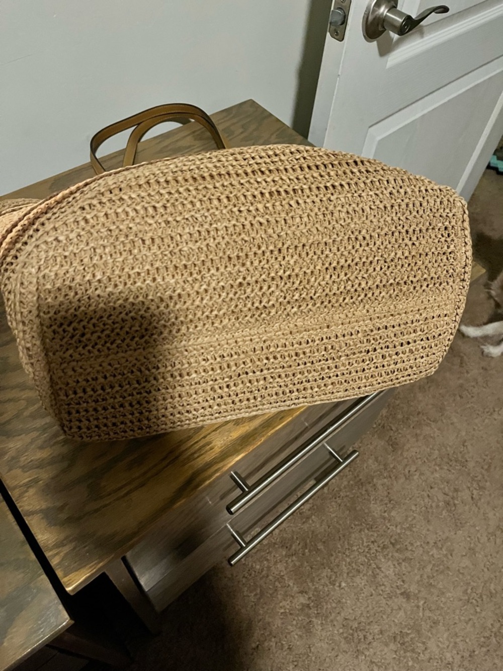 Coach Tan Straw Tote with Leather Trim and Logo - Picture 2 of 8